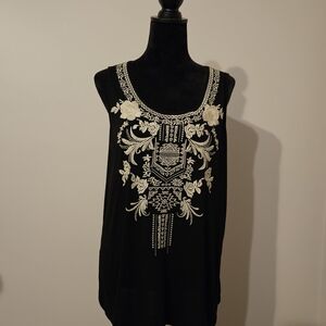 ANDREE BY UNIT Black Tank Top with White Embroidery 100% Rayon